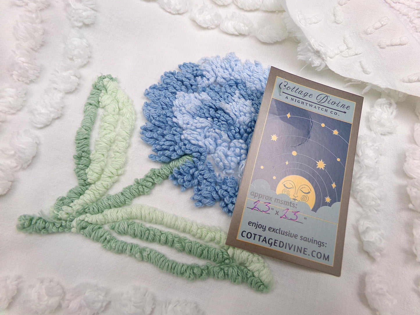 Plush Blue Mum Vintage Chenille Fabric, Tufted Floral on White Cotton 23" x 23" Piece of Sewing Material