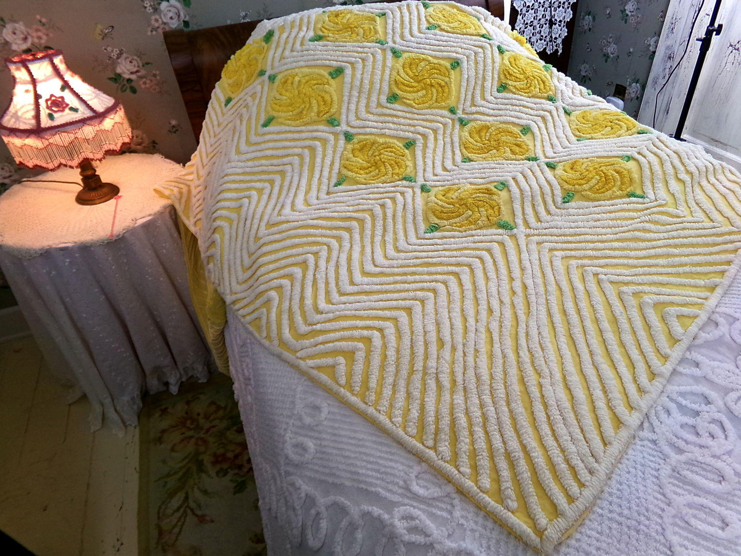 golden rose vintage chenille bedspread, plush pinwheel yellow cabbage rose design, full size cotton bedding