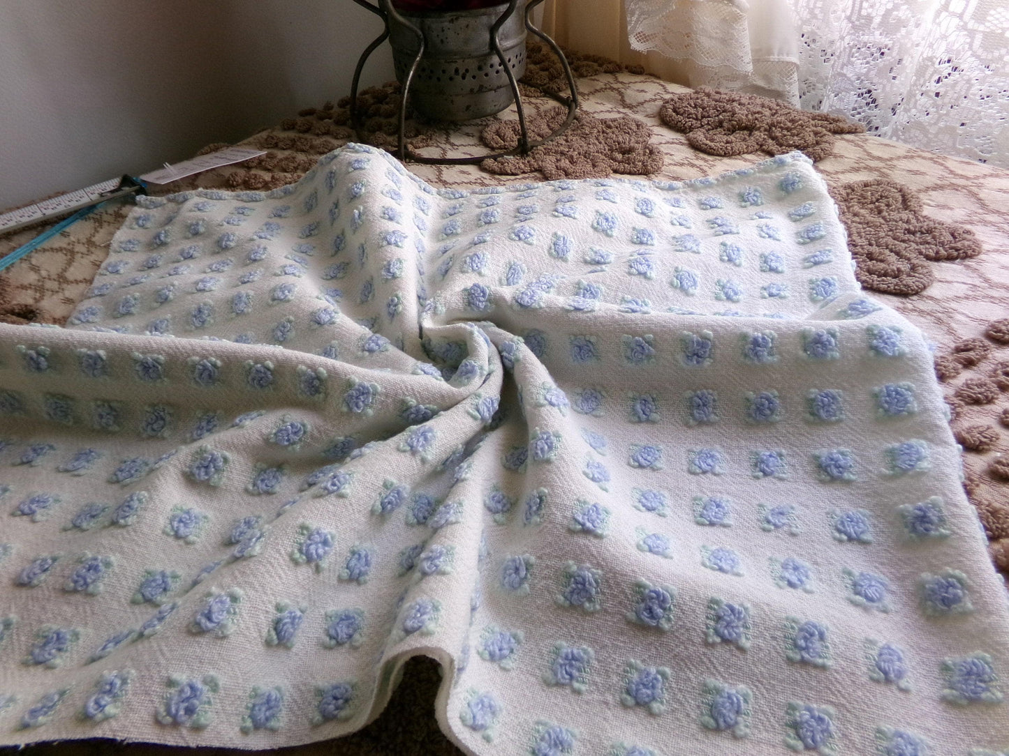 Tiny Blue Rosebuds Vintage Chenille Quilt Fabric, 18" x 21" inch Piece Lightweight Mini Roses