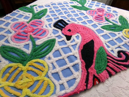 Pink Peacock Vintage Chenille Bedspread Fabric Piece, Sewing & Decor Material 25" x 31"
