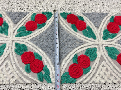 Red Rose Vintage Chenille Fabric, Dove Grey & White 15x28" Craft Piece