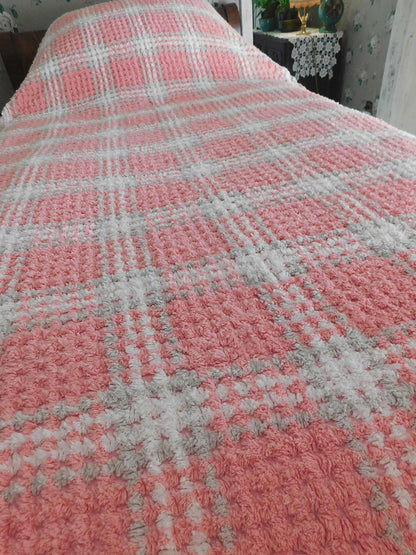 Girl Power Sassy Pink Vintage Chenille Bedspread, Grey & White Plaid, 100% Plush Cotton, TWIN Size