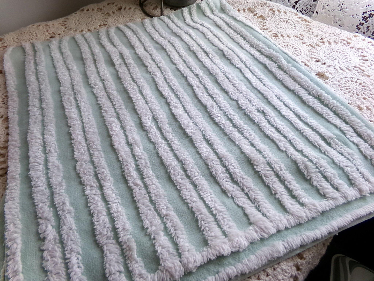 mint green & white striped chenille fabric, tufted stripes on vintage cotton, 16" x 27" inch cut piece, for sewing, craft projects