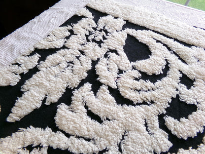 Gothic Black Cream Rose Vintage Chenille Fabric, 20" x 25" Inch Piece, Beautiful Material for Pillows