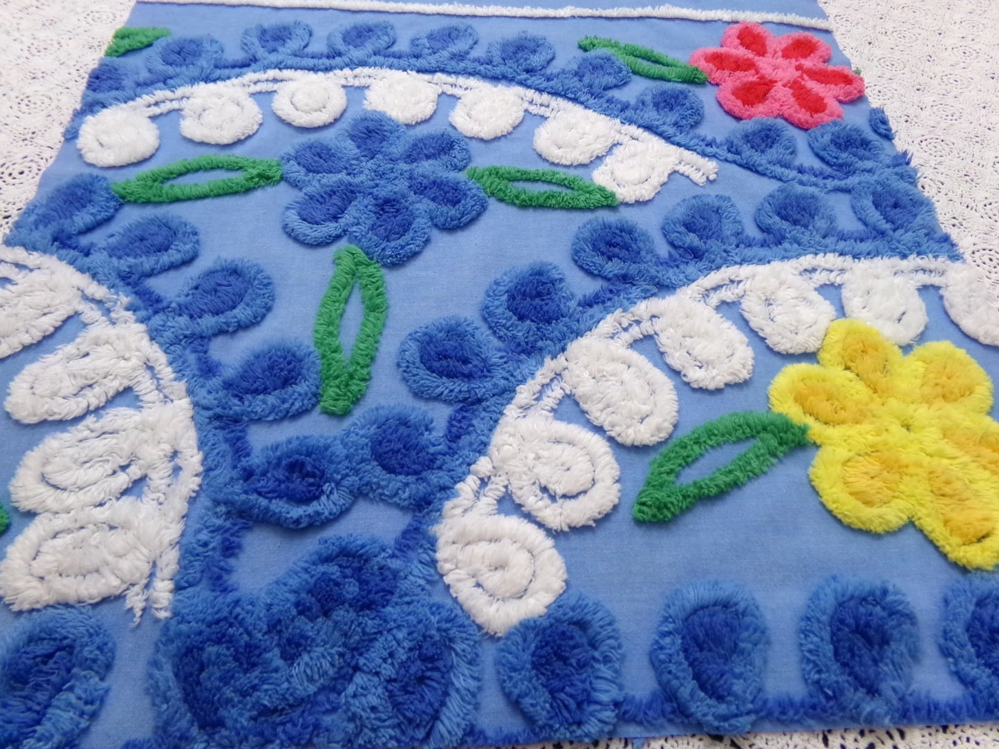 Colorful Blue Vtg Chenille Bedspread Fabric 19x24" Pc Floral Sewing Material