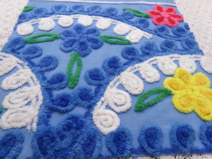 Colorful Blue Vtg Chenille Bedspread Fabric 19x24" Pc Floral Sewing Material