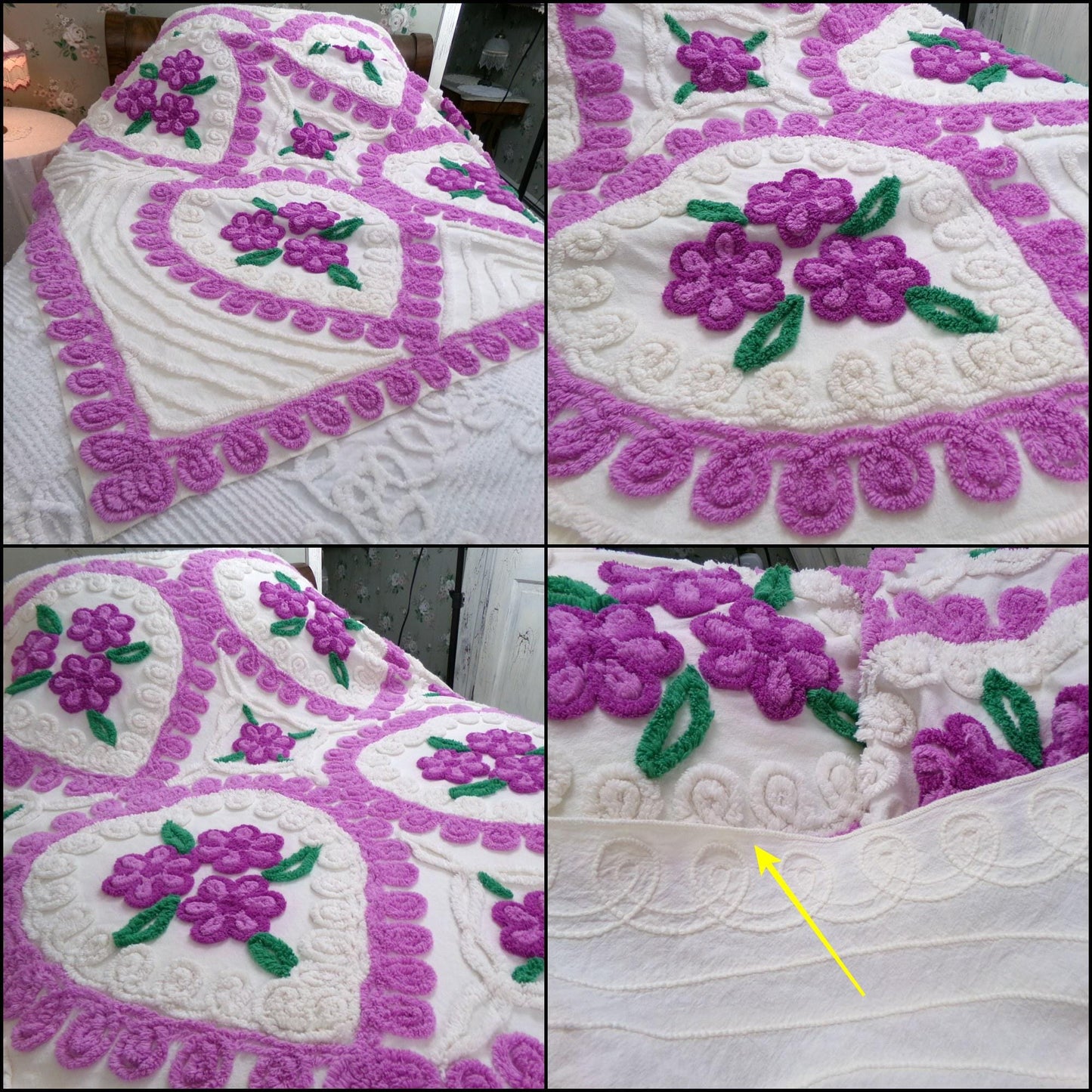 Vintage Chenille Bedspread Violets in Snow Heart Scrollwork White Cottage Bedding, FULL