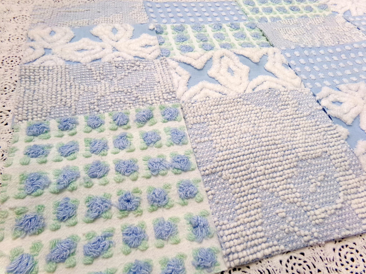 sea breeze vintage chenille fabric squares, set of 16 blue white quilt blocks 6" ea