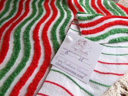 Vintage Red & Green Chenille Fabric, Christmas Ripple Stripes 15x28" Quilt Textile