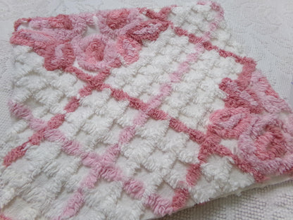 pink & white vintage chenille fabric, geometric rose floral design, 23" x 26" piece sewing material
