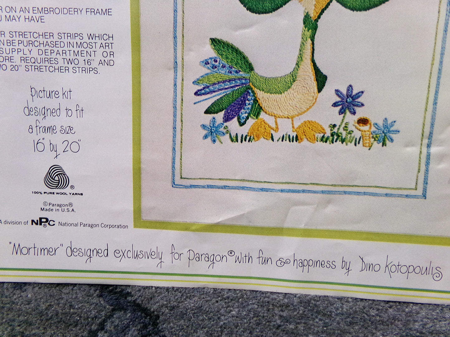 MORTIMER Bird Crewel Embroidery Kit, Rare Vintage Paragon Needlecraft 0534, Kitschy Cute Dino Kotopoulis Design