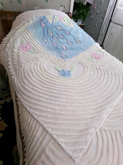 Pastel Peacock Vintage Chenille Bedspread, Boho Creamy Cotton Full Size