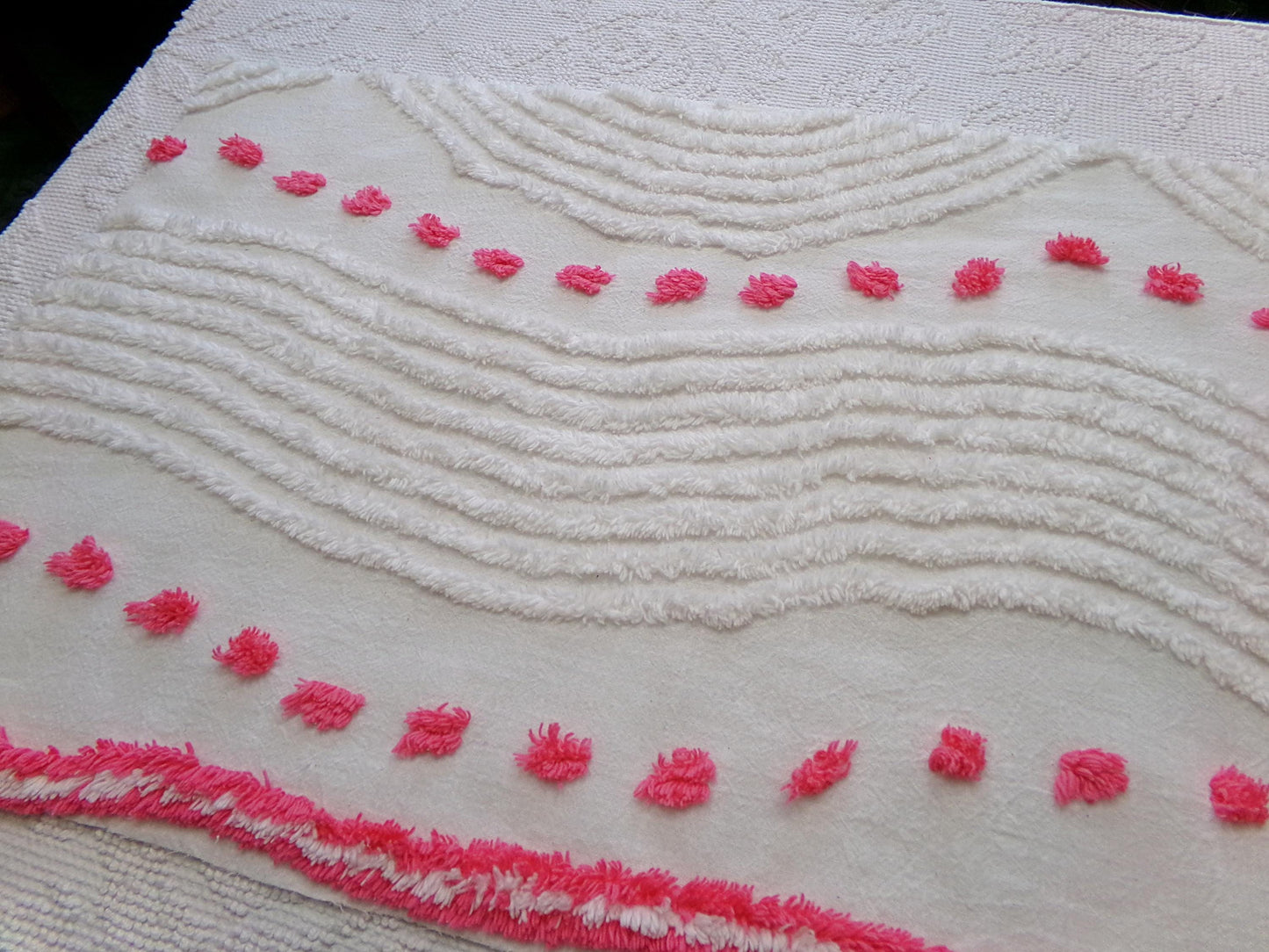 zany white & hot pink vintage chenille fabric: interesting piece of sewing material, 15" x 28" lightweight cotton blend piece