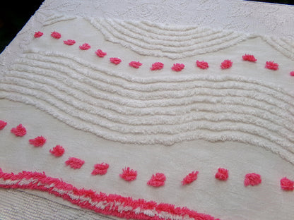 zany white & hot pink vintage chenille fabric: interesting piece of sewing material, 15" x 28" lightweight cotton blend piece