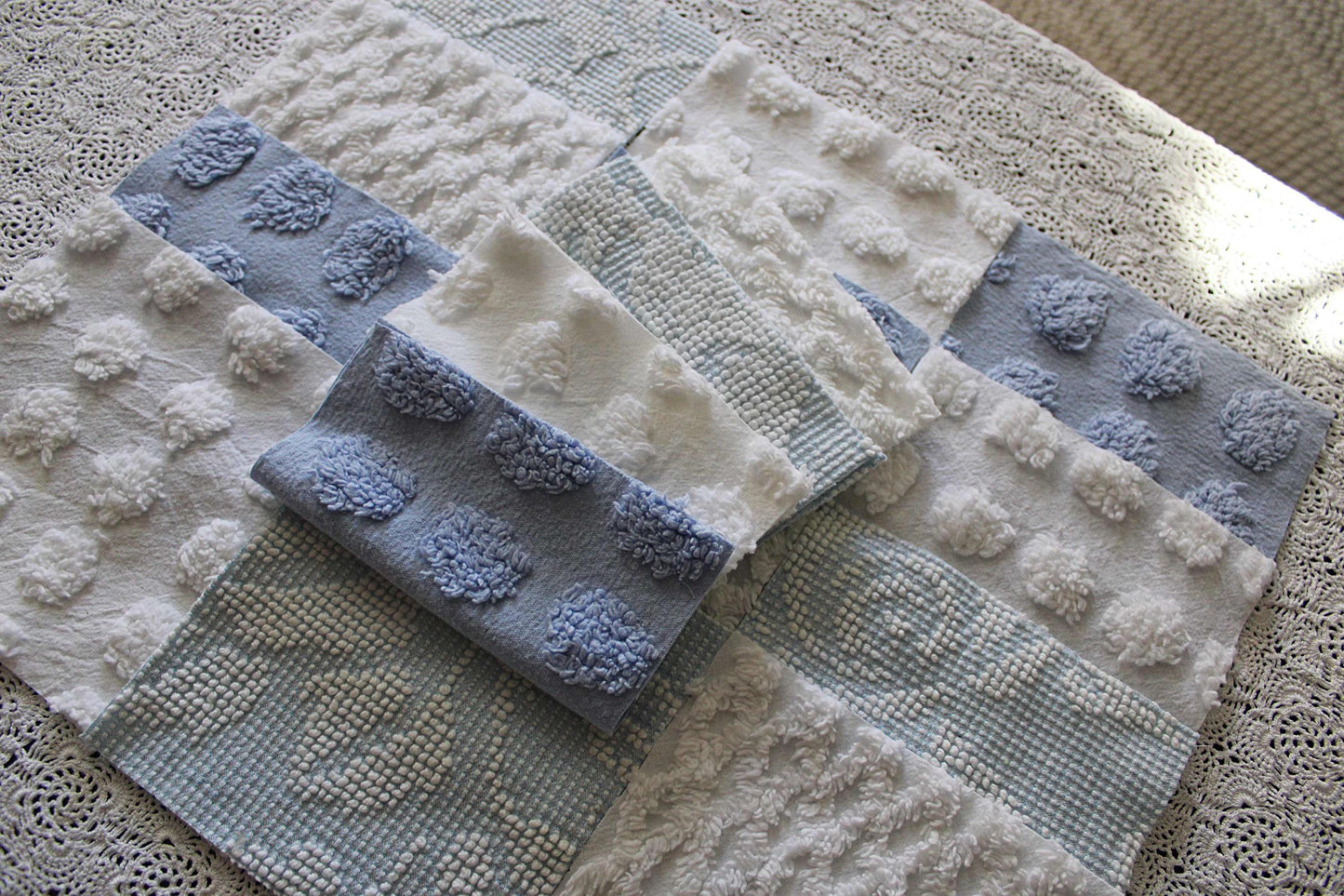vintage chenille fabric squares, set of 16 coastal blue & white 6" quilt blocks for patchwork pillows, quilting, crafts