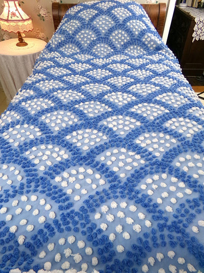 mermaid tail vintage chenille bedspread, lake cottage blue & white shell pop scallop design, full size antique cotton bedding, pom pom trim
