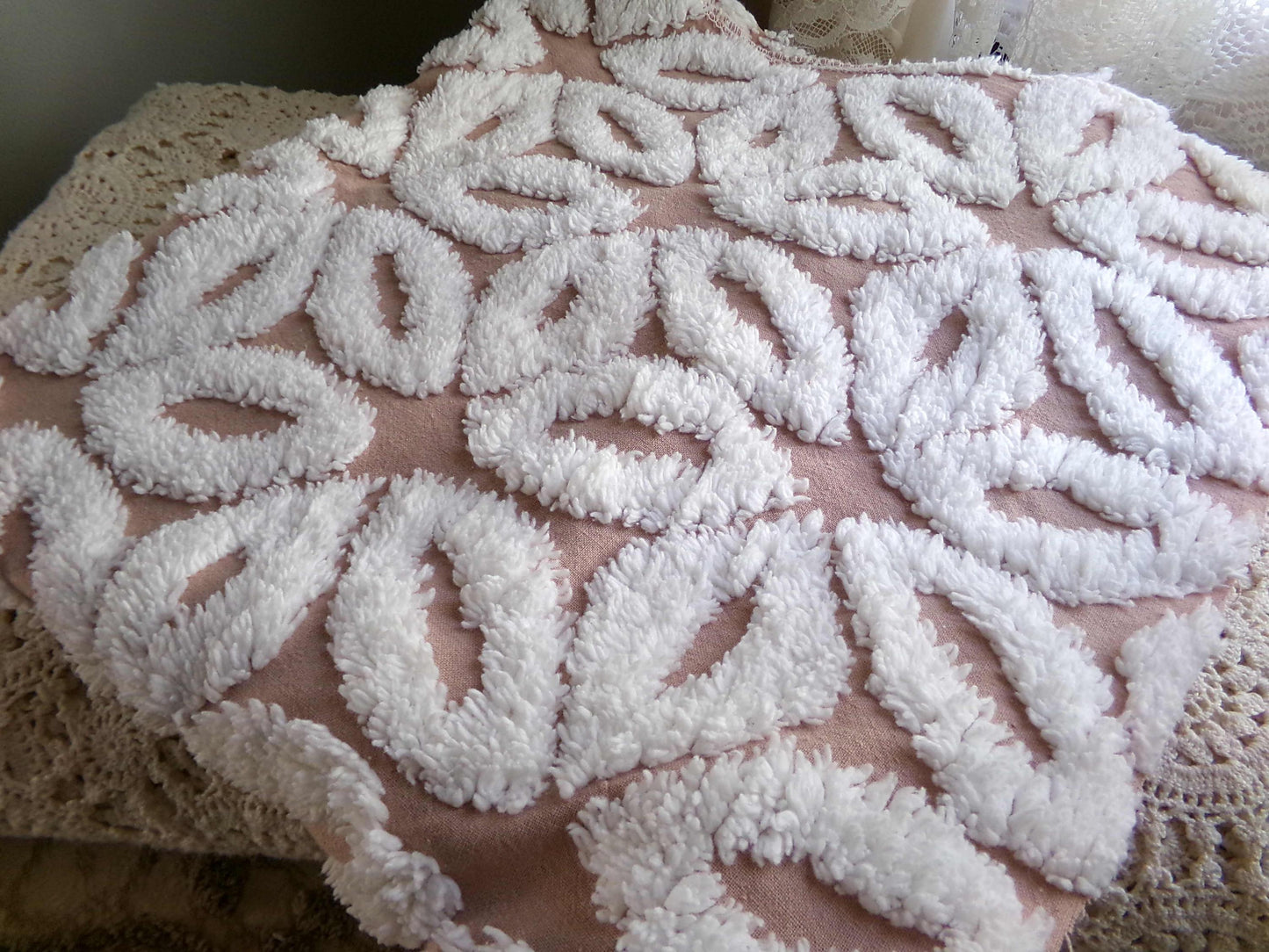 Mocha Daisy Vintage Chenille Fabric, 19" x 25"' inch piece, 100% Cotton, Big Fluffy White Daisies