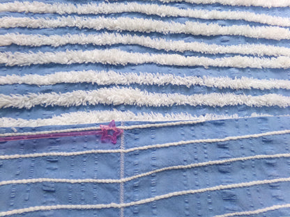 Trendy Coastal Blue & White Striped Vintage Chenille Fabric, Craft Quilt Material, 16" x 27" Piece