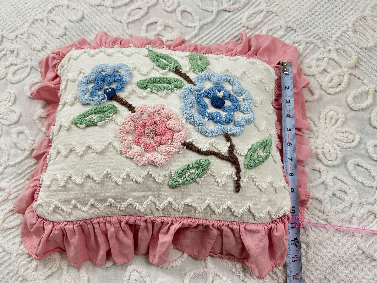 Cottage Ruffled Vintage Chenille Pillow Cover Reversible Floral Rectangle Shape