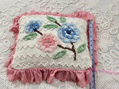 Cottage Ruffled Vintage Chenille Pillow Cover Reversible Floral Rectangle Shape
