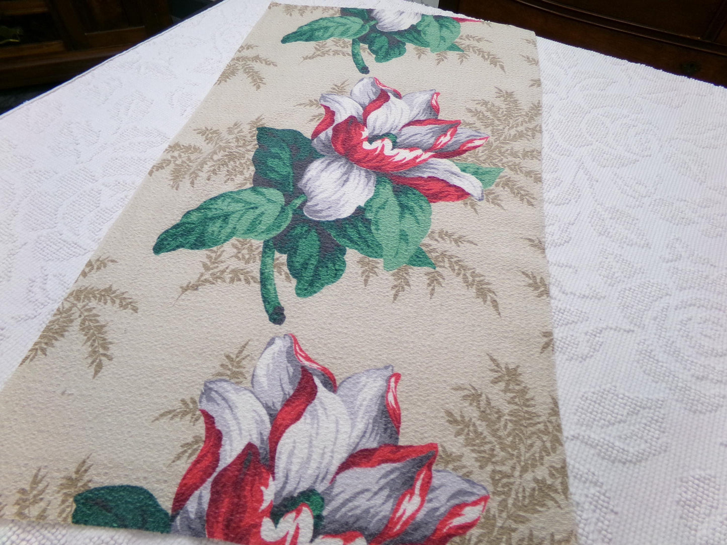 Vintage Barkcloth Fabric 16x27" Floral Magnolia Bloom Red White Green Tan