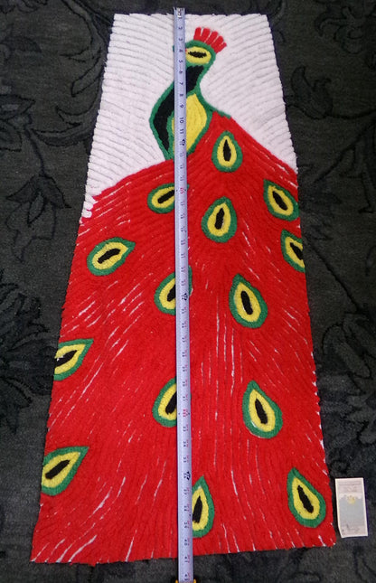 Red Peacock Vintage Chenille Fabric Piece, Plush Bird Design 13x39" Panel