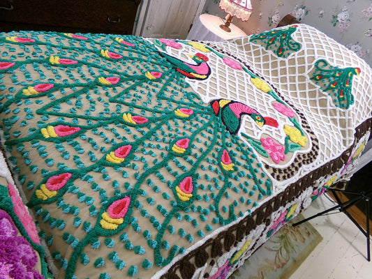 vintage peacock chenille bedspread: colorful lovebirds quarreling, full size boho style bedding