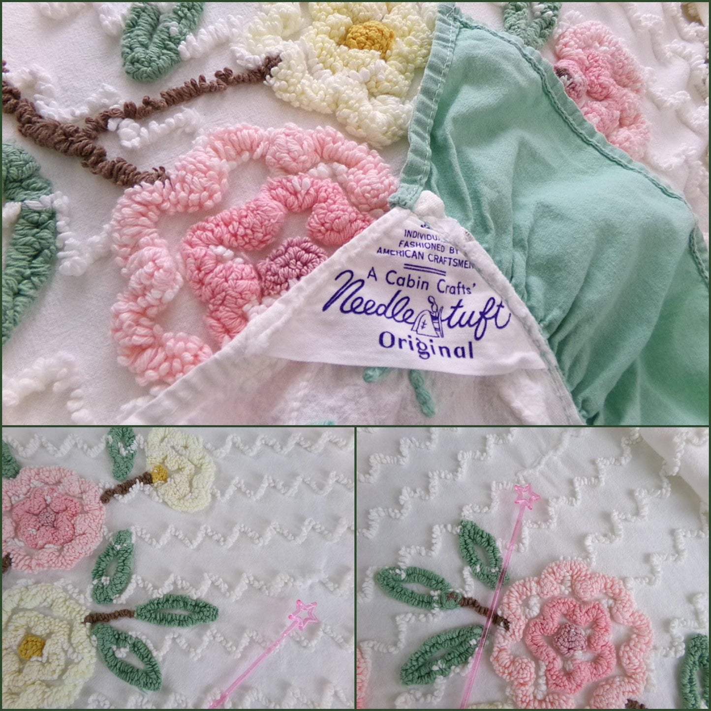 romantic shabby chic vintage chenille bedspread, lightweight 100% cotton summer coverlet with green ruffle trim, twin size bedding