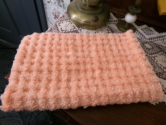 Plush Peach Vintage Chenille Bedspread Fabric, tufted squares sewing craft quilt material, 17" x 27" piece