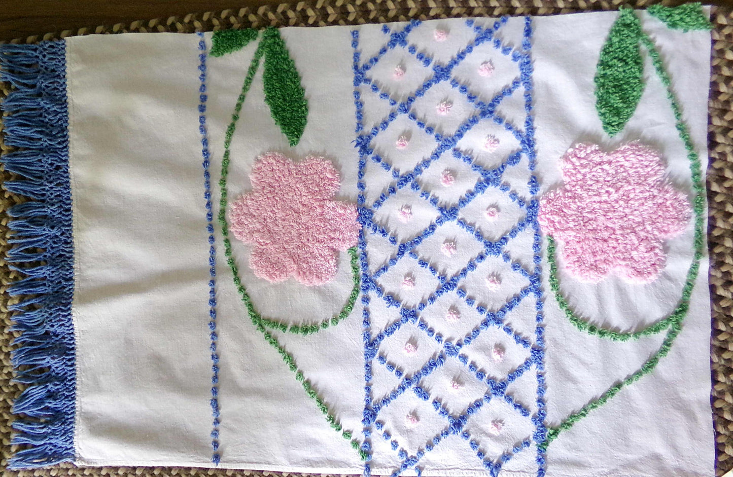 Jumbo Pink Flowers Vintage Chenille Material, 33" x 22" inch Fabric Piece, Blue Diamonds Tufts with Victorian Fringe Edge, Exquisite Design