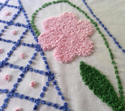 Jumbo Pink Flowers Vintage Chenille Material, 33" x 22" inch Fabric Piece, Blue Diamonds Tufts with Victorian Fringe Edge, Exquisite Design