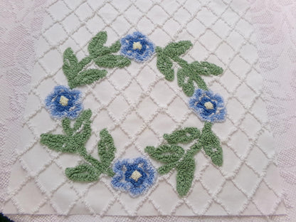 Floral Wreath Vintage Chenille Fabric, Blue & White Sewing Material 15" x 28" Piece