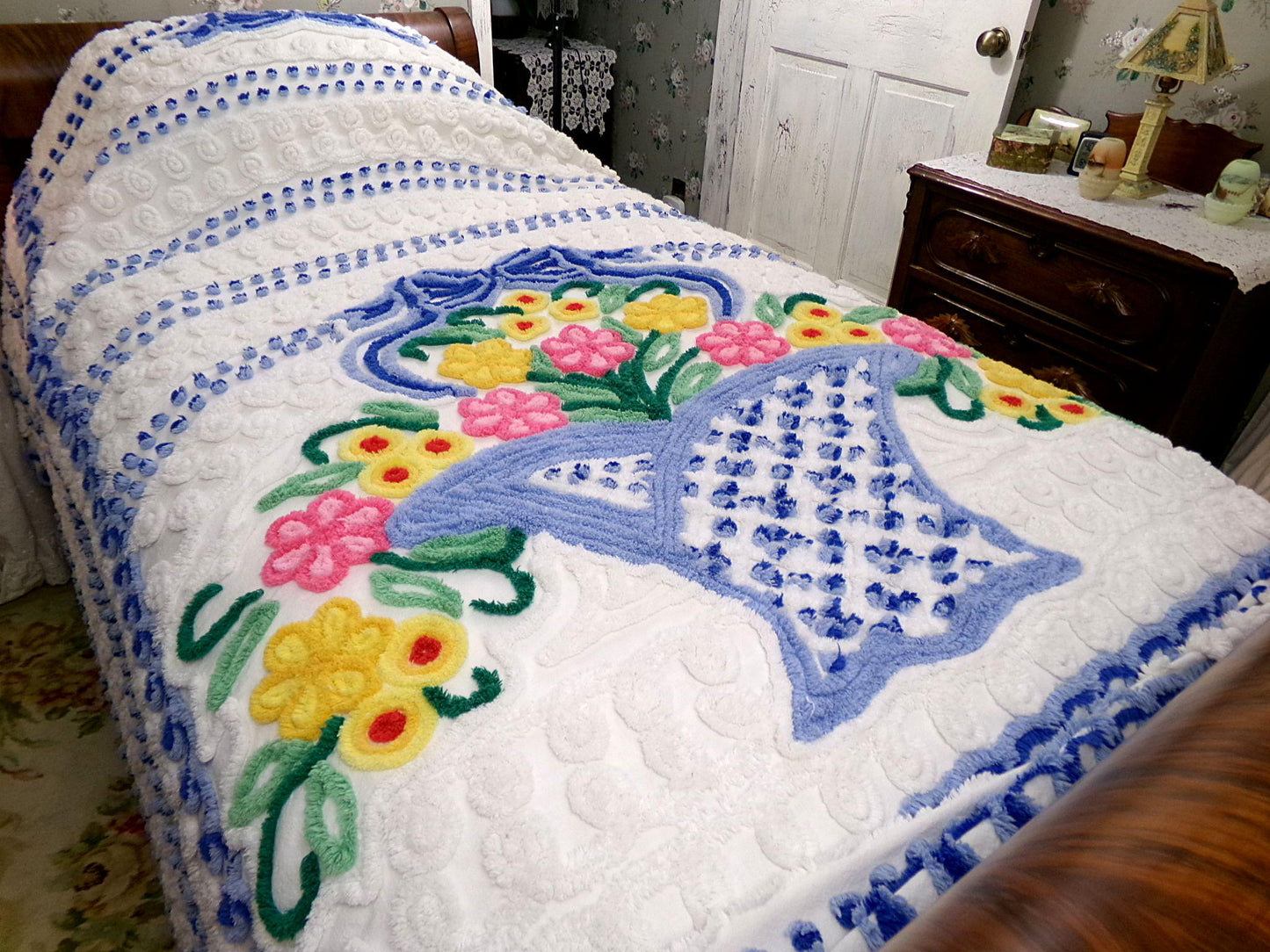 bring me joy vintage chenille bedspread, colorful sprawling blue flower basket on white, retro cottage style full size cotton bedding