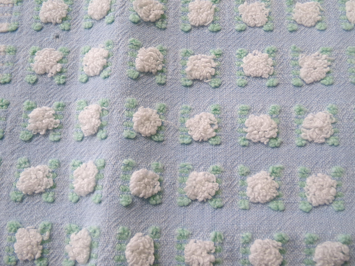 White Rosebud Vintage Blue Chenille Fabric, Shabby Phantom Rose Morgan Jones, 19x26"