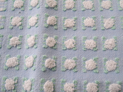 White Rosebud Vintage Blue Chenille Fabric, Shabby Phantom Rose Morgan Jones, 19x26"