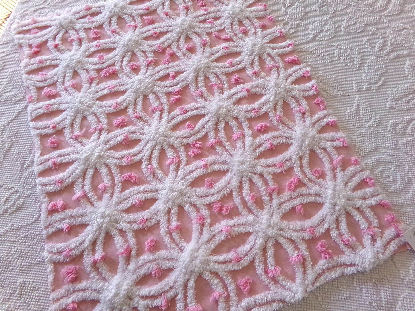 perfectly pink chenille fabric, white tufted wedding rings & sprinkle pops, 18" x 24" inch piece cut from vintage chenille bedspread