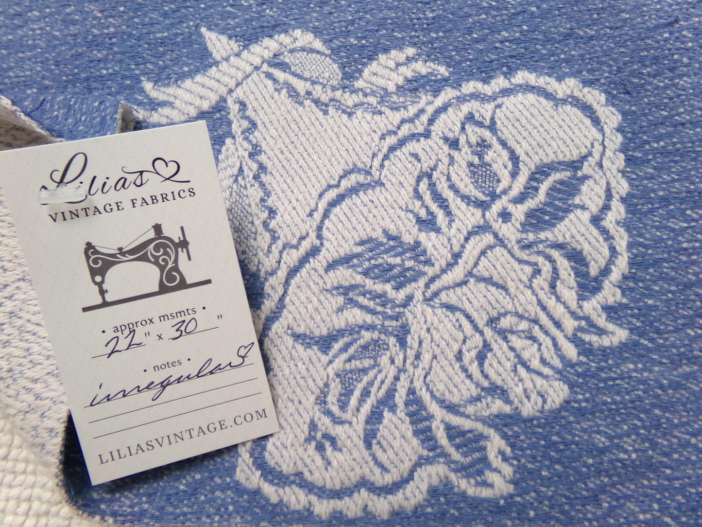 Vintage Woven Reversible Fabric Cabbage Rose Floral Blue White Cottage Chic 22x30