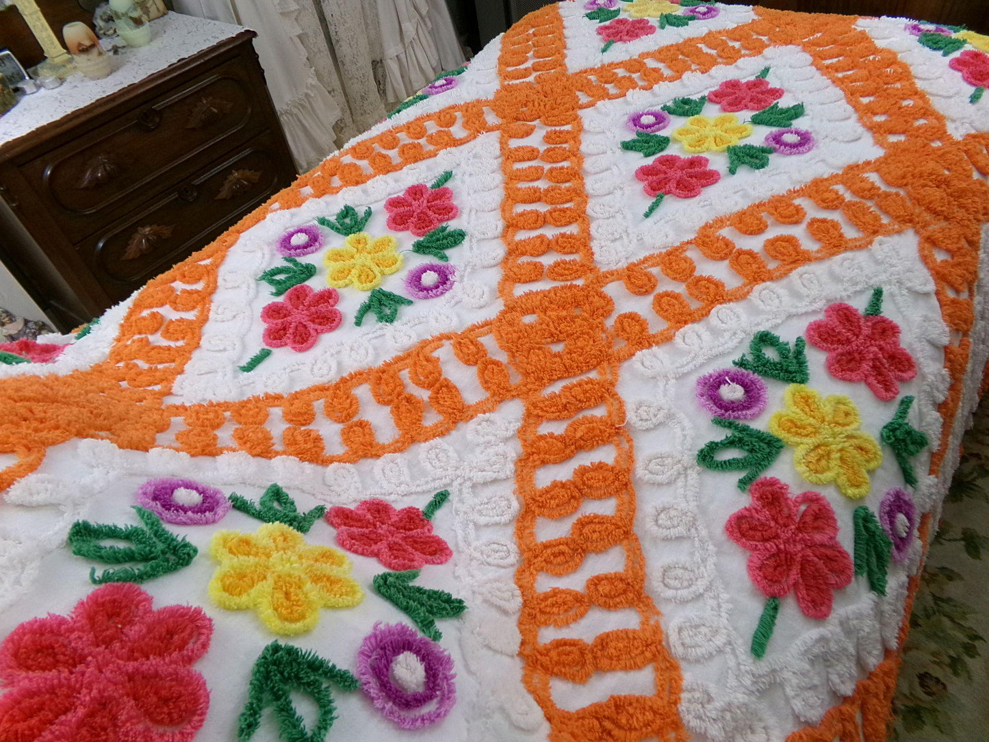 diamond citrus vintage chenille bedspread, plush large floral design in colorful orange & white, full size cotton bedding