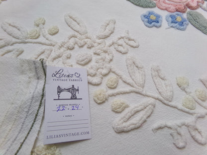 Solitary Rose Vintage Chenille Bedspread Fabric, Shabby Sweet Sewing Material, 22" x 24"