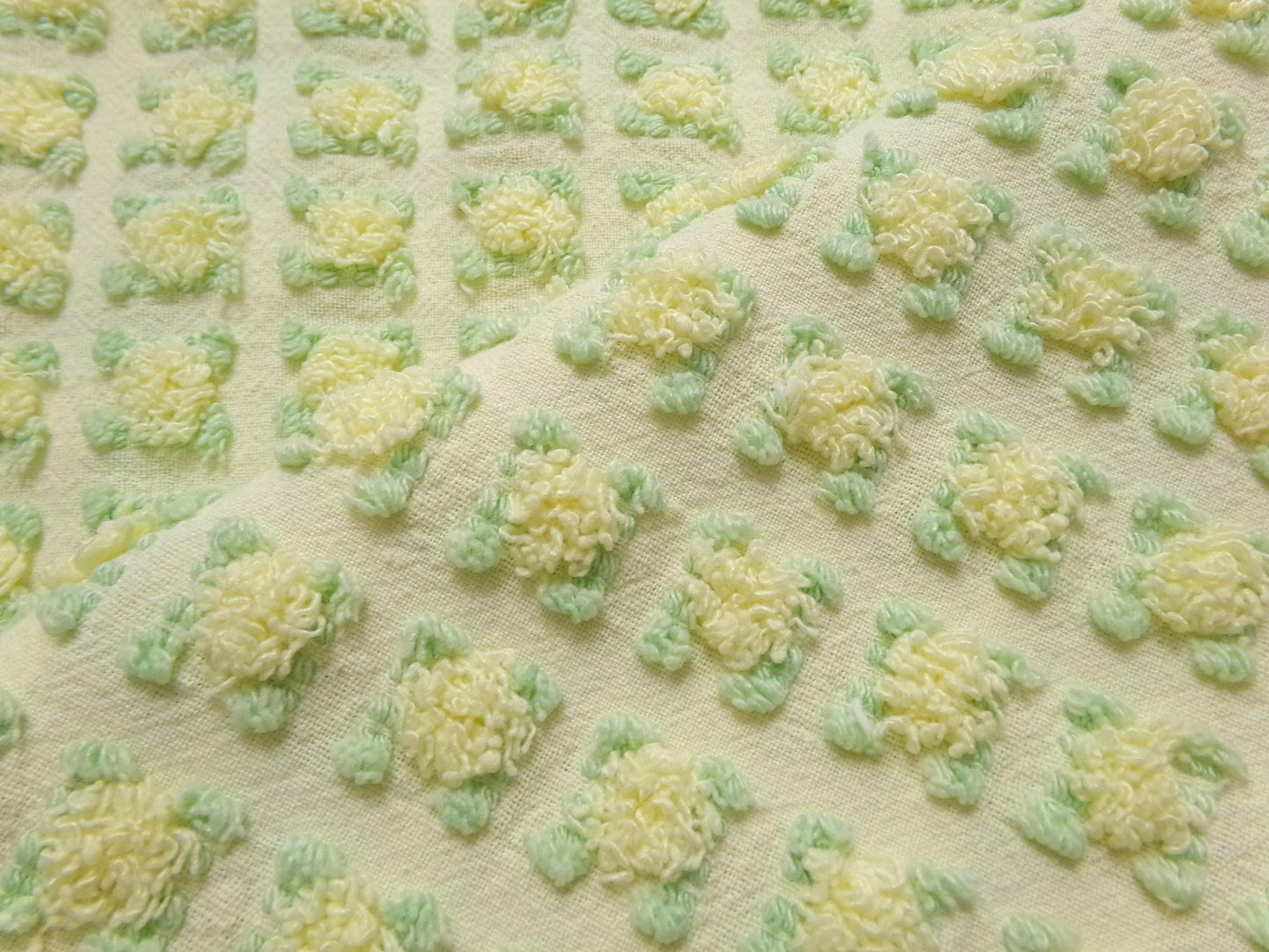 plump yellow rosebud vintage chenille fabric, cottage chic sewing & quilt material, 18" x 25"