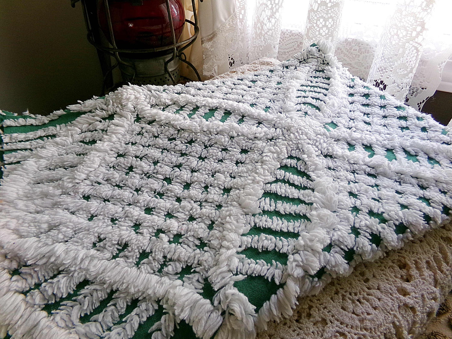 green & white vintage chenille bedspread fabric, 18" x 26" geometric design
