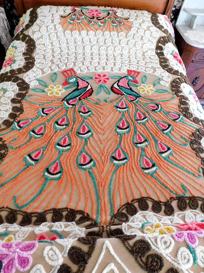 Boho Vintage Peacock Chenille Bedspread, "Opposites Attract" Lovebirds, FULL Sz