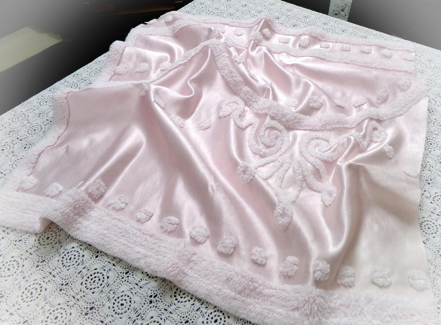 Pink Satin Vintage Chenille Fabric, Shabby Cottage 24" x 23" Piece
