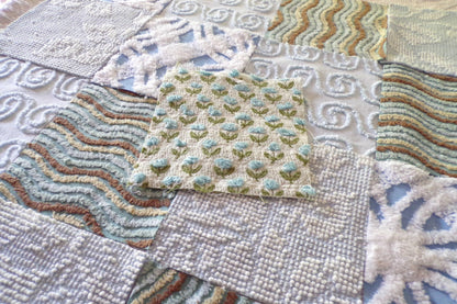 Breezy Blues Vintage Chenille Fabric Squares, Set of 17 Quilt Blocks, 6" x 6" inch, for Slow Stitching, Junk Journals, Quilting