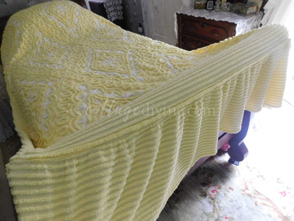 Chenille Bedding, Delicious Lemon Chiffon Vintage Chenille Bedspread, Integrated Ruffle Skirt, Fitted Full Size