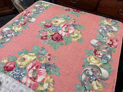 Cabbage Rose Vintage Barkcloth Fabric, Mauve Pink 28x33" Quilt & Craft Panel