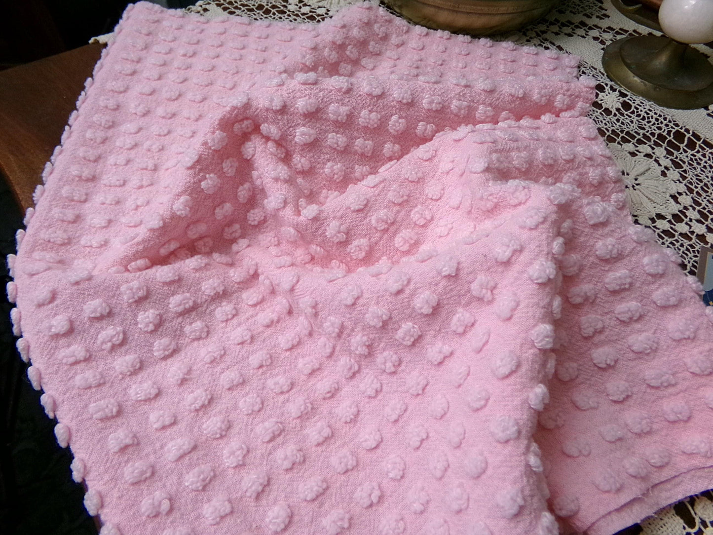Pink Pops Vintage Chenille Bedspread Fabric Piece Popcorn Dots, 18" x 24"