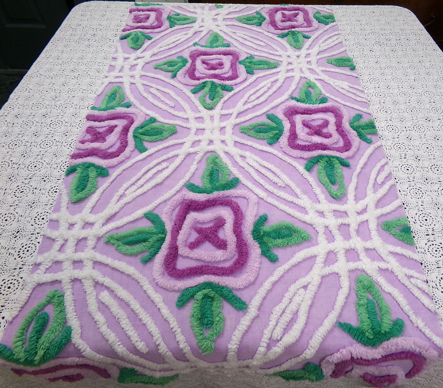 Vintage Chenille Bedspread Fabric Lilac Cabbage Roses 17.5 x 34" Cottage Quilt Sewing Material