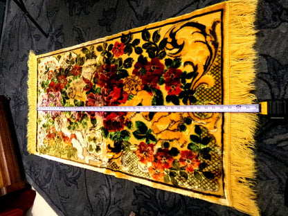 Vintage Cut Velvet Shadowy Cherub Floral Tapestry Panel Fringed Angel Wall Hanging or Rug 26"x46"