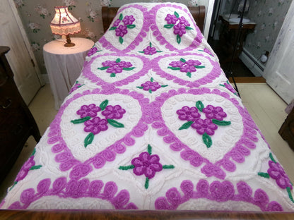 Vintage Chenille Bedspread Violets in Snow Heart Scrollwork White Cottage Bedding, FULL